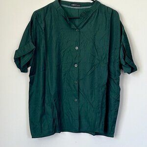 Retro Green Button Up Rolled Short Sleeve Blouse - Size: Medium